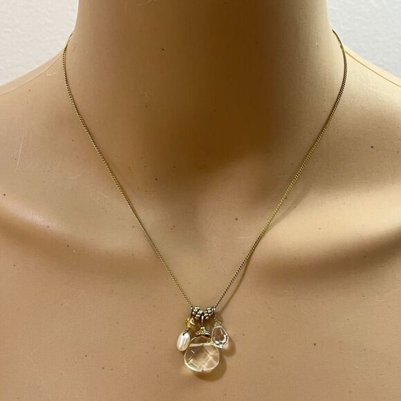 Handmade Teardrop Quartz Necklace Gold Tone Chain Cultured Pearl Rhinestone 20in - Picture 12 of 13